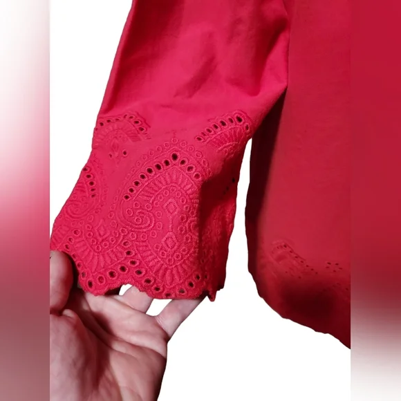 j jill top l blouse shirt women 3/4 Quarter Sleeve Pink Red Crewneck 100% Cotton - Picture 3 of 6